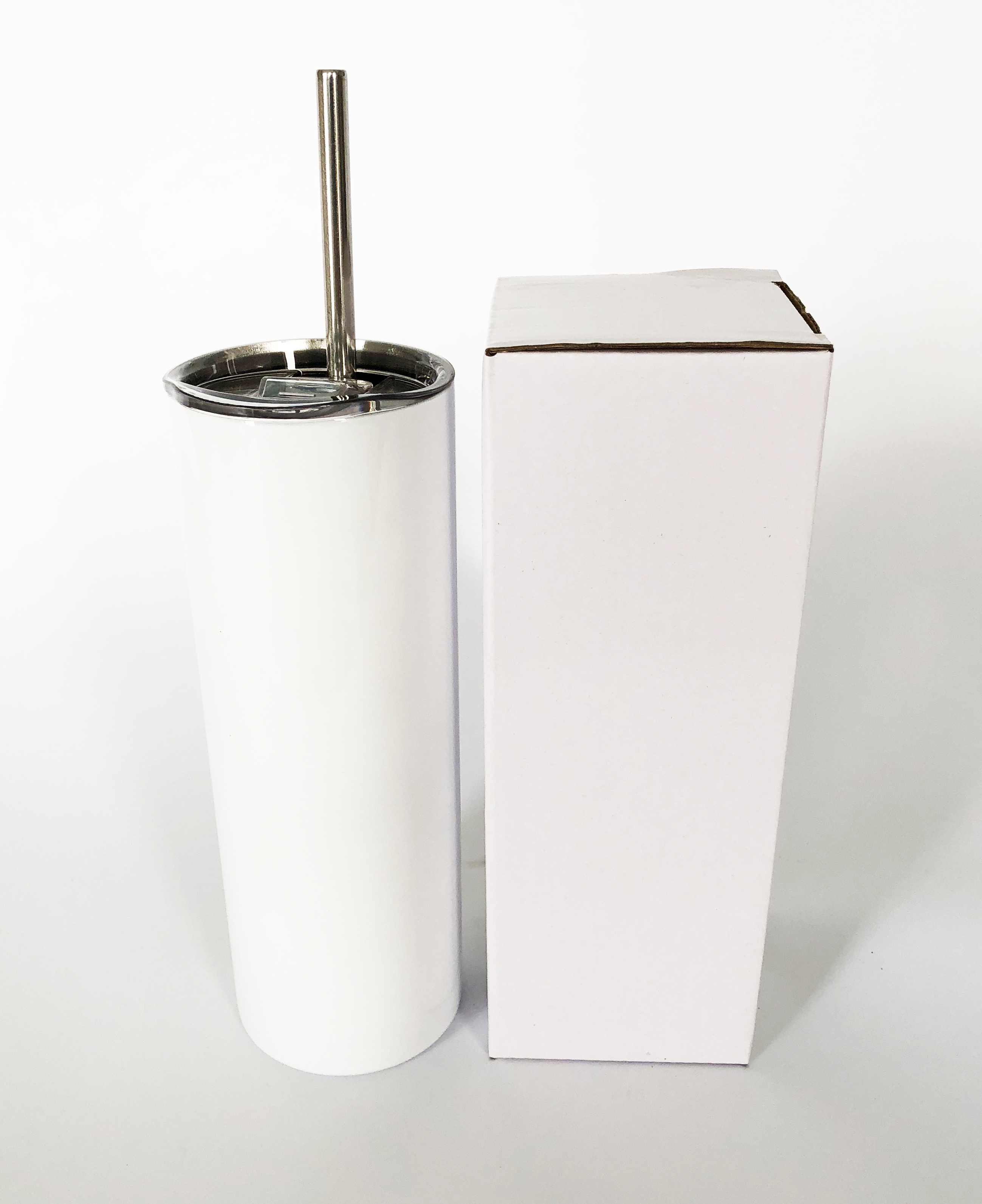 20oz Skinny White Sublimation Water Bottle Stainless Straw & Box